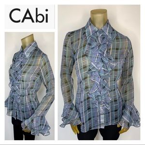 CABI Plaid Ruffle Sheer Blouse Top Blue White S